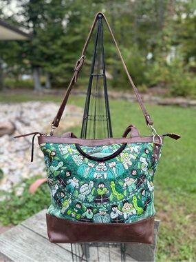 Green Embroidered Canvas Tote with Brown Trim